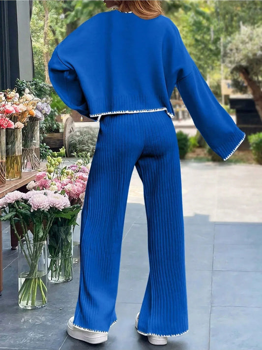A 2pcs Women'S Set Consisting of a Simple Triko Top with Long Sleeves, Round Collar, And Filigree Decoration, And Pants. - alotasawkli