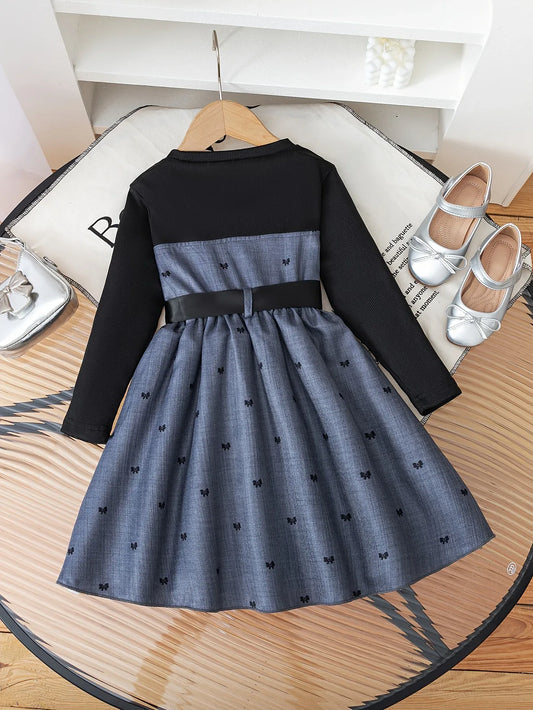 TEMU-Girls' Elegant Long Sleeve A-Line Dress with Bow & Heart PrinT - alotasawkli