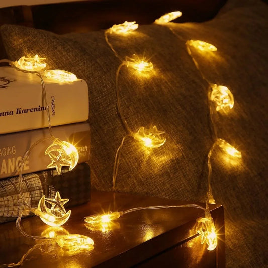 Buffer® مصباح LED USB على شكل هلال ونجمة بطول 3.5 متر – 20 LED لتزيين رمضان وإضاءة جوية - alotasawkli
