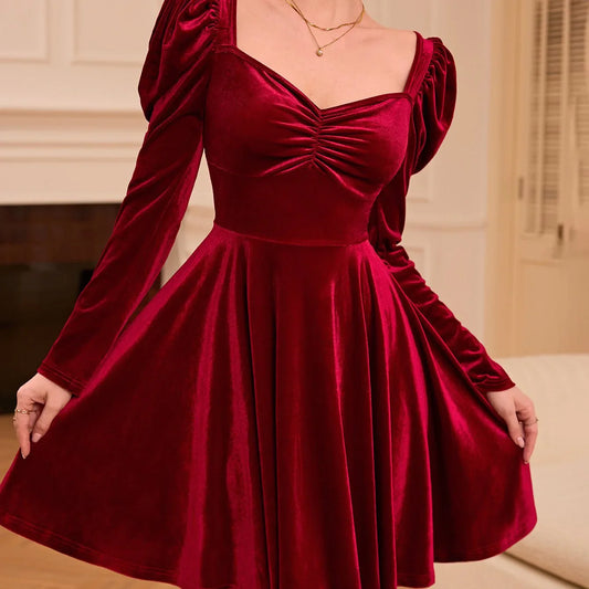 TEMU-French-Style Burgundy Winter Dress - alotasawkli