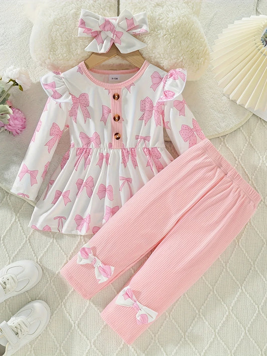 3pcs Girls' Winter Outfit Set - Soft Pink & Ruffle Sleeve Bow Print Shirt & Solid Color Pants with Heart Patterns, Cozy Fleece-Lined Leggings, for Outdoor, Perfect for Outdoor, Ideal Gift (Autumn/Winter), Casual Attire & Special Occasions - alotasawkli