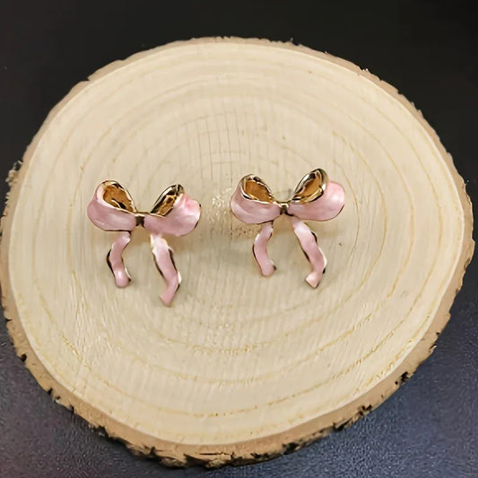 1 Pair of Chic Pink Bow Stud Earrings for Women - alotasawkli