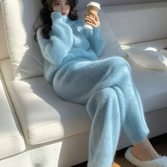 TEMU-Winter Fashionable and Elegant Blue Casual Sweater Two-Piece - alotasawkli