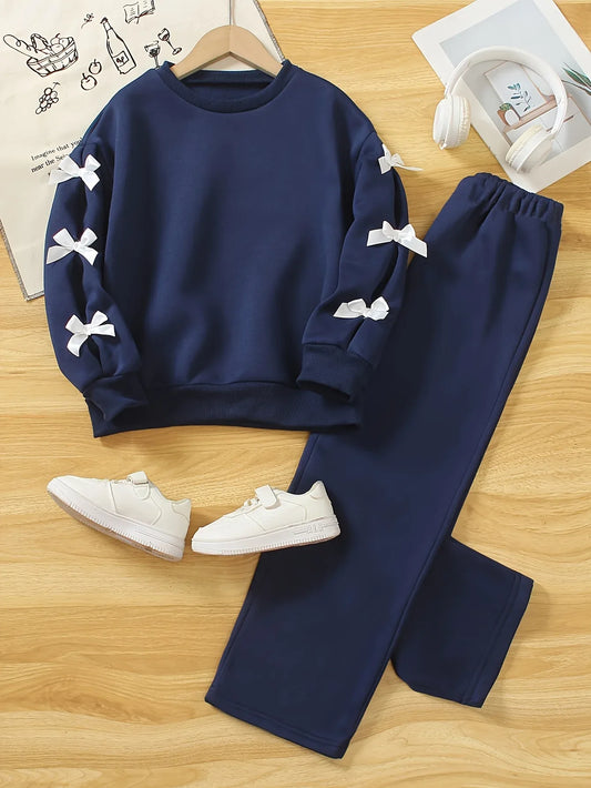 TEMU-Girls' Casual Fashion Round Neck Bow Two-Piece Outfit - alotasawkli