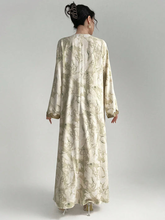 Al Najma فستان كاجوال أنيق بأكمام جرس وياقة على شكل حرف V مصنوع من الدانتيل القابل للذوبان في الماء ، جلابية عادية بطول كامل ، فستان كاجوال بأكمام طويلة ، كافتان - alotasawkli