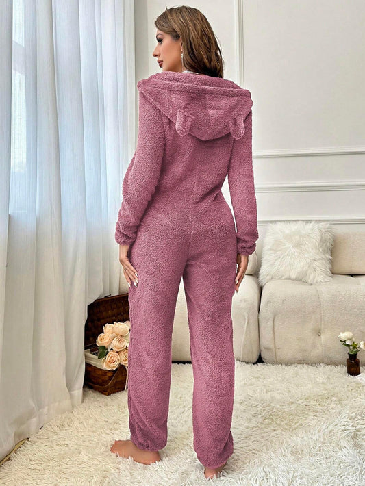 Women’s 3D Ear Detail Jumpsuit with Front Zipper – Cozy Autumn/Winter Wear - alotasawkli