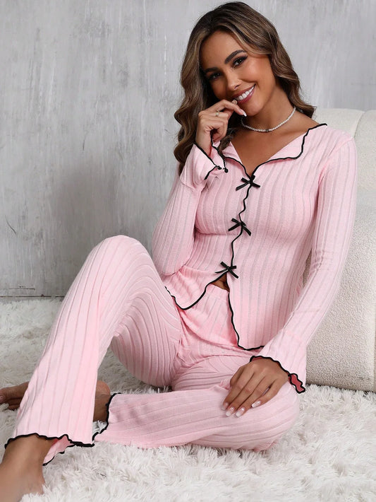 Women’s Striped Thermal Casual Pajama Set with Bow Detail – 2 Pieces - alotasawkli
