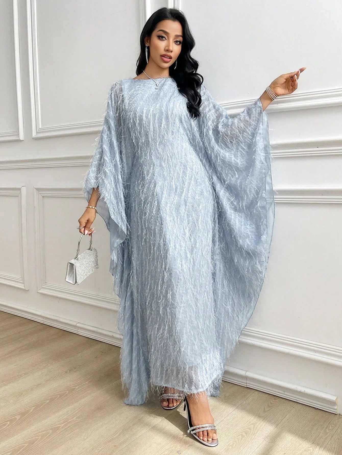 Al Najma رمضان جلابيات قفاطين فستان نسائي بتصميم عربي بياقة قارب وأكمام واسعة مع شراريب، بلون أحادي - alotasawkli