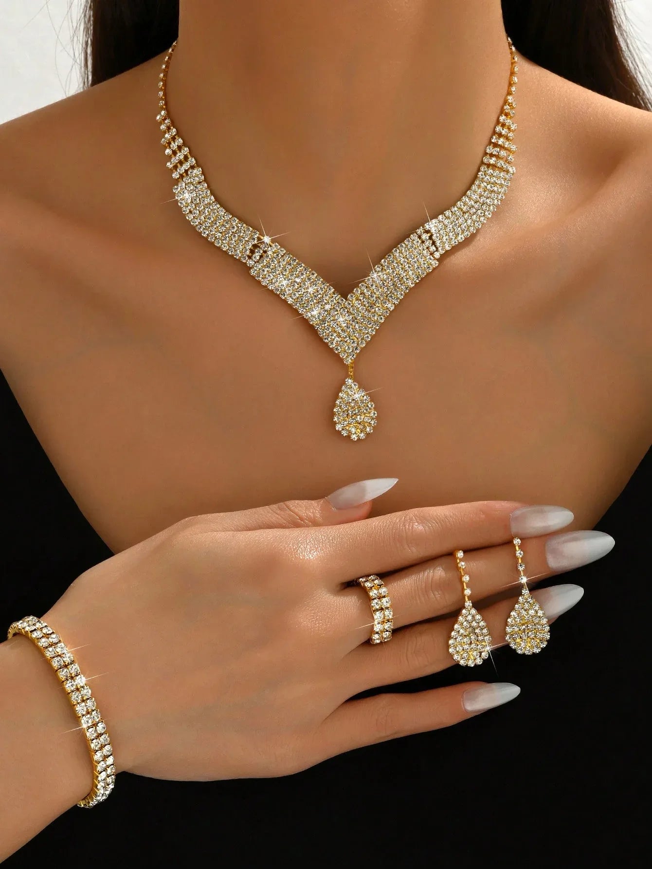 5 قطع/مجموعة مجموعة مجوهرات قلادة، أقراط، سوار، خاتم للنساء، إكسسوارات العروس، إكسسوارات عيد الحب - alotasawkli