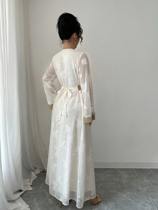 Rafferiza فستان للنساء ذو فتحة رقبة على شكل حرف V وأكمام طويلة مزخرف بلوحات من الدانتيل الذهبية الزهري - alotasawkli