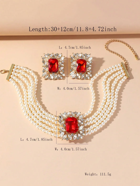 1 قطعة عقد نسائي فاخر مزخرف بمربعات هندسية فوشية, أخضر, أبيض, أسود ومزين بكريستال وخرز اصطناعي و 1 زوج أقراط مماثل في التصميم الهندسي المربع بالألوان فوشية, أخضر, أبيض, أسود مزين بكريستال وخرز اصطناعي، مجموعة من قطعتين مناسبة لفستان السهرة والاستخدام اليو - alotasawkli