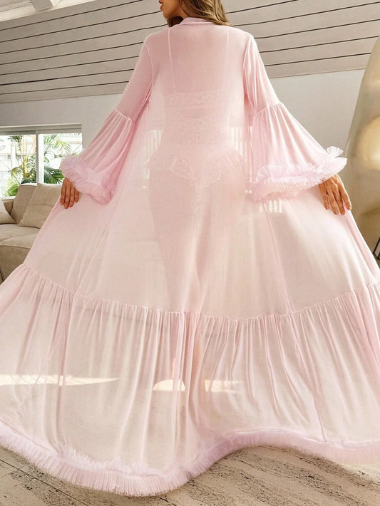 SHEIN Slumberist Women’s Long Mesh Robe with Lace Bodysuit Pajama Set – 2 Pieces - alotasawkli