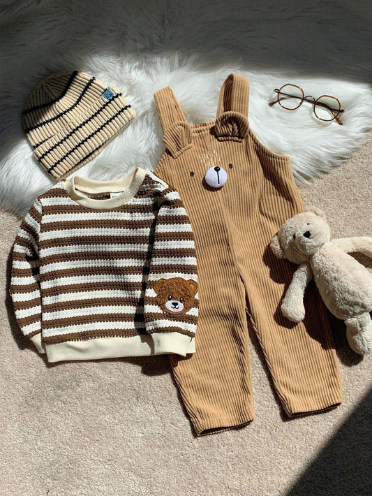 Kids’ 2-Piece Striped Long-Sleeve Top & Corduroy Bear Overalls Set - alotasawkli