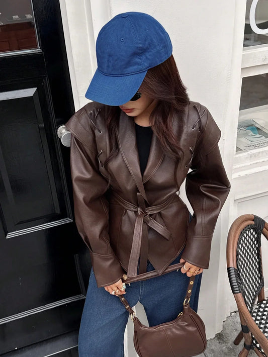 SHEIN-Leather jacket with a stand-up collar and belt - alotasawkli