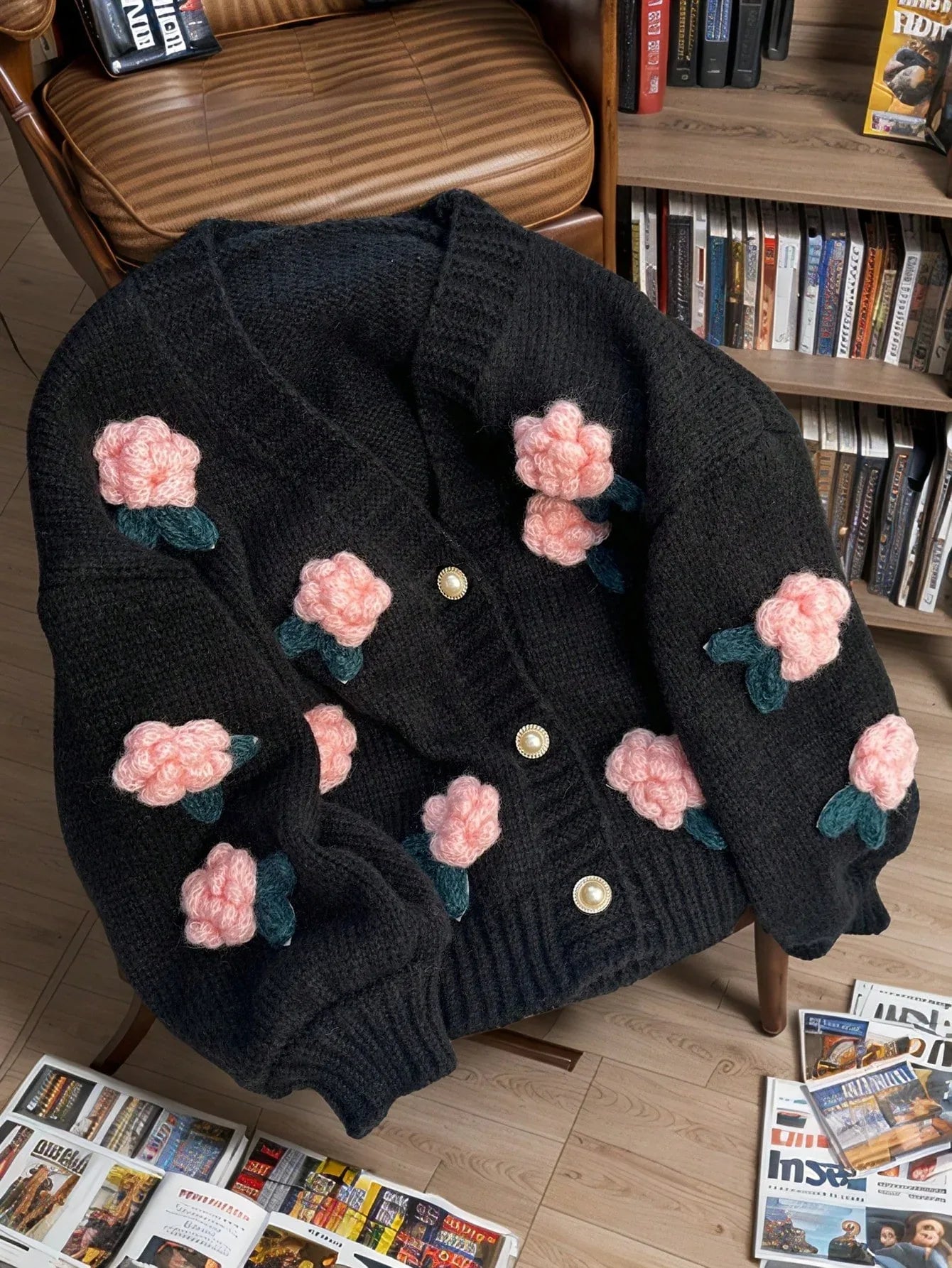 SHEIN-JIANHU Cardigan with 3D Floral Embroidery - alotasawkli