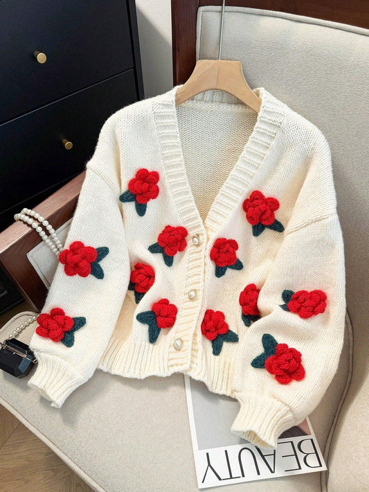 SHEIN-JIANHU Cardigan with 3D Floral Embroidery - alotasawkli