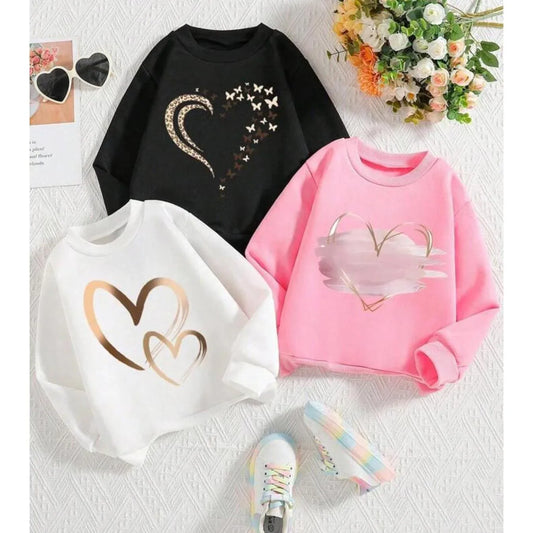 طقم بناتي 3 قطع، سويت شيرت للرقبة مطبوع عليه قلب ذهبي (وردي-أبيض-أسود) - alotasawkli