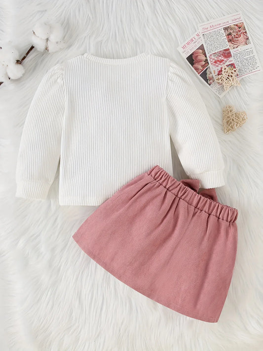 2pcs Set of Autumn and Winter New Love Pit Stripe Long Sleeved Top+corduroy Bow Skirt Set, Fashionable and Simple, Suitable for Birthday Gifts, Daily Wear, Comfortable and Warm, Perfect for Outdoor - alotasawkli