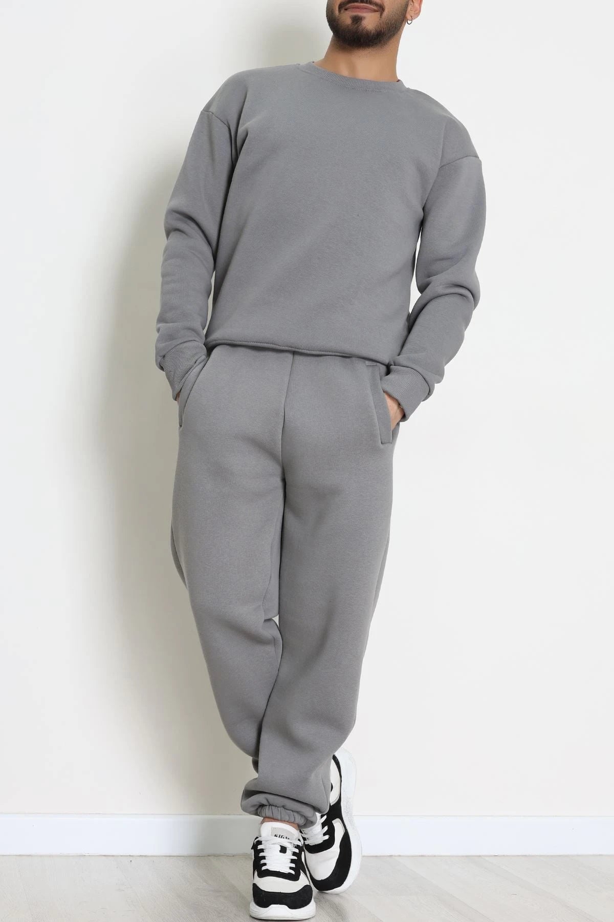 Men's Fleece-Lined 3-Thread Tracksuit Set in Brown