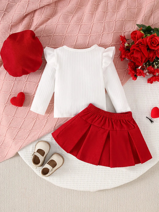 2pcs Set of Autumn and Winter Girl Casual Bow Long Sleeved Fly Sleeve T-shirt+skirt Set (with Hat Included), Simple and Cute, Suitable for Birthday Gifts and Attending Parties, Perfect for Outdoor - alotasawkli