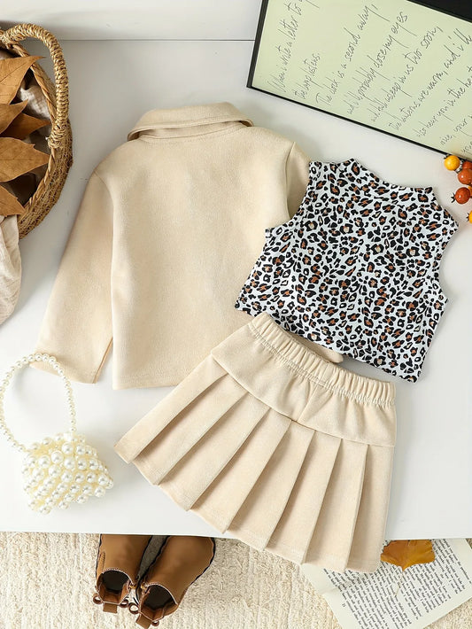 Girls' Autumn and Winter Leopard Print Vest + Solid Color Turn- Collar Jacket + Solid Color Pleated Skirt Fashion Street 3pcs Set, Perfect for Outdoor - alotasawkli