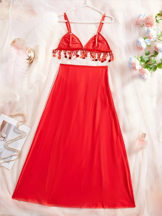 TEMU-Lace metal chain red sexy lingerie set - alotasawkli