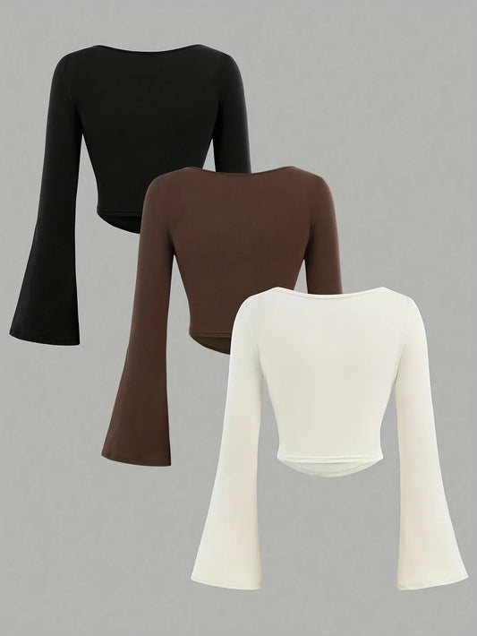 3pcs Girls' Long Sleeve Tops with Puff Sleeves - Slim Fit Side Pleated Hem, Stretchy Round Neck Blouses for Fall, Casual & Formal Outfits, Parties, Travel - alotasawkli