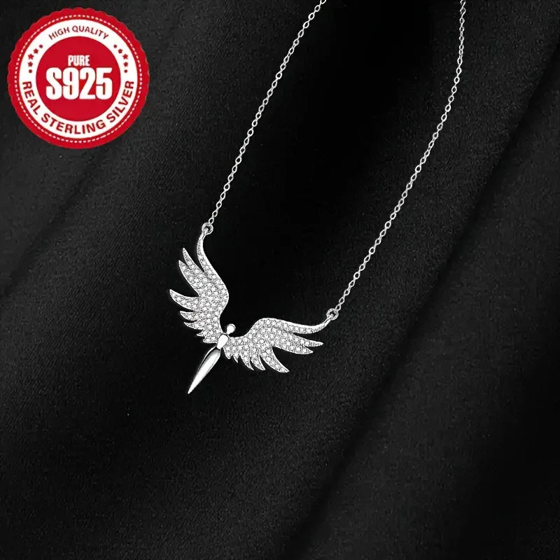 TEMU-925 Sterling Silvery One-Piece Angel Wing Necklace - alotasawkli