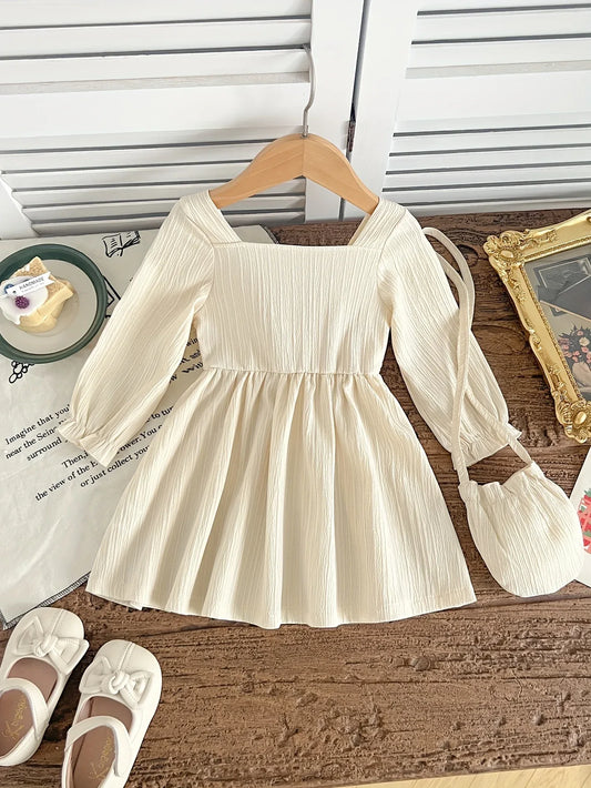 New Arrival Girl's Strawberry Embroidery Dress with Matching Bag - Winter Long Dress with Square Neck, Full Umbrella & Strawberry Outfit for Photoshoots, Parties, Outdoor Play (Hand Washable) | Autumn Winter One-Piece Dress - alotasawkli