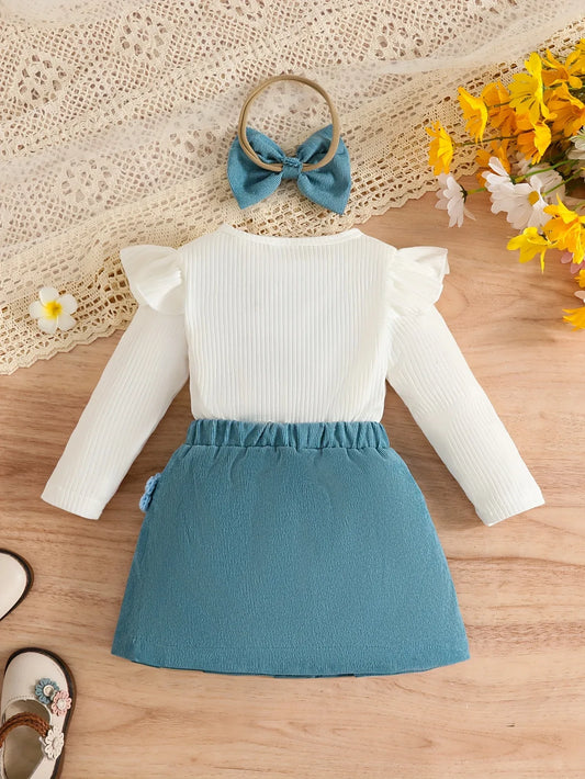 Girls' Long Sleeve 3pcs Set with 3D Floral Top, Skirt, and Headband, Perfect for Outdoor - alotasawkli