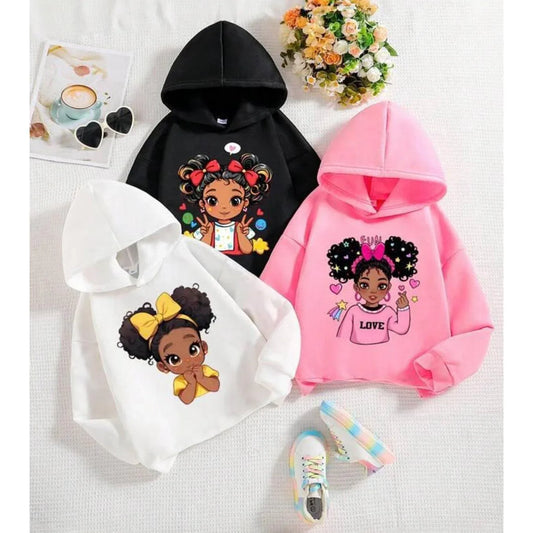 طقم سويت شيرت بناتي 3 قطع بغطاء للرأس، لون وردي-أسود-أبيض، مطبوع عليه رسومات - alotasawkli