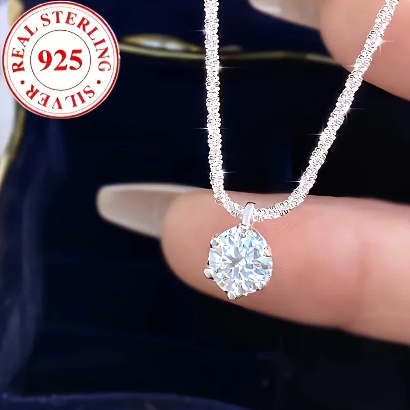 TEMU-S925 Silver Necklace with Light Luxury Moissanite Accents - alotasawkli