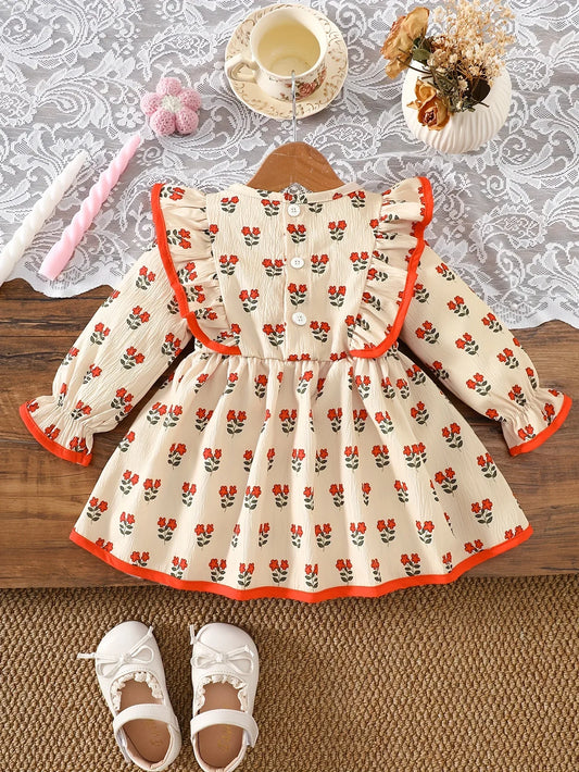Baby Girl Floral Dress Set | Beige with Red Rose Print, Red Ruffle Trim Bell Sleeves, Cute and Sweet All-season Outfit - alotasawkli
