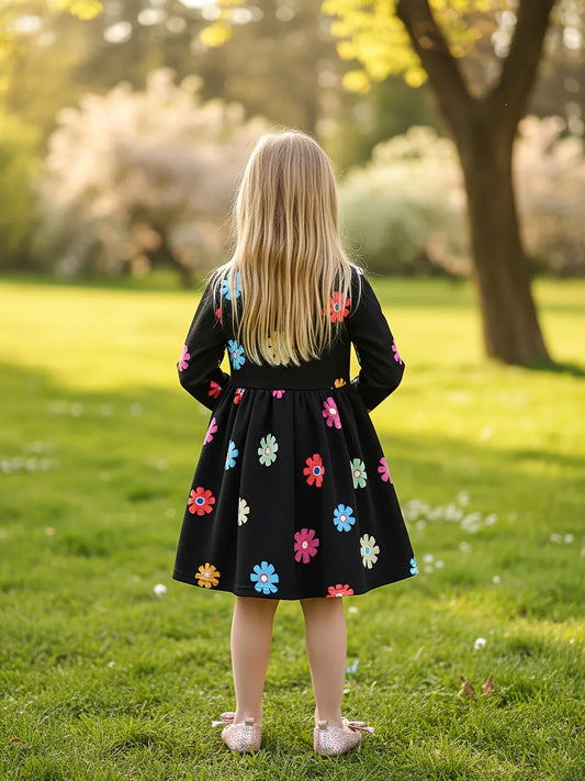 Baby Girl Long Sleeve Black Dress with Floral Digital Print | Crew Neck, Non-Stretch Fabric, Casual Style, Perfect for Spring/Fall - alotasawkli