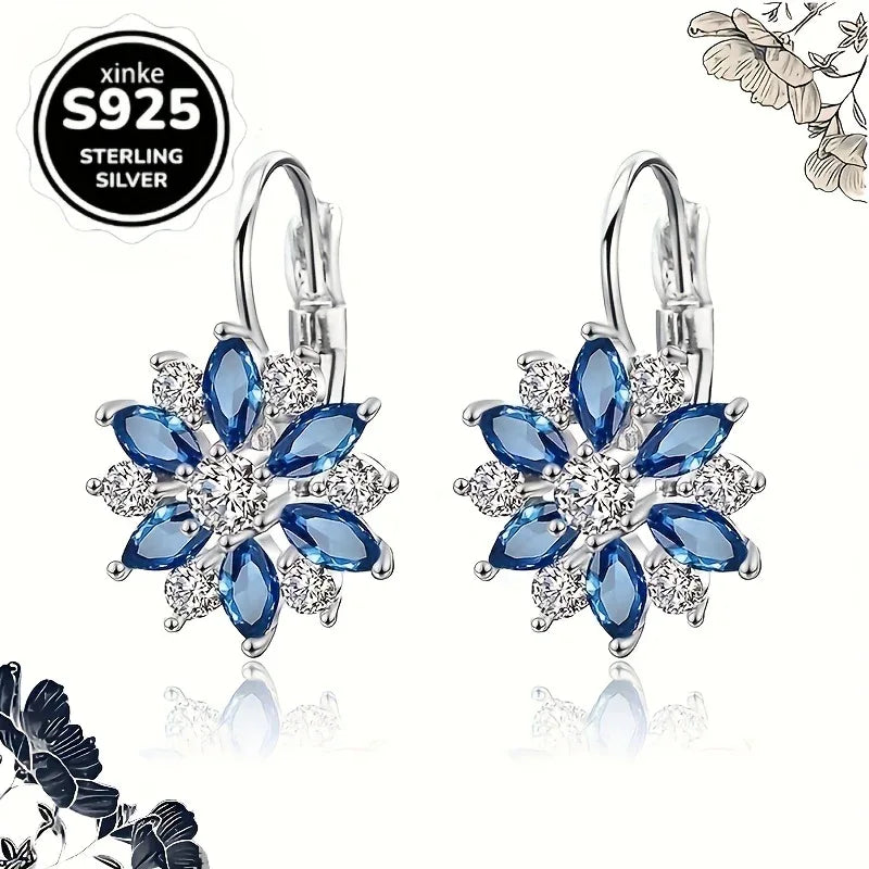 TEMU-S925 Silver Blue And White Snowflake Hoop Drop Earrings - alotasawkli