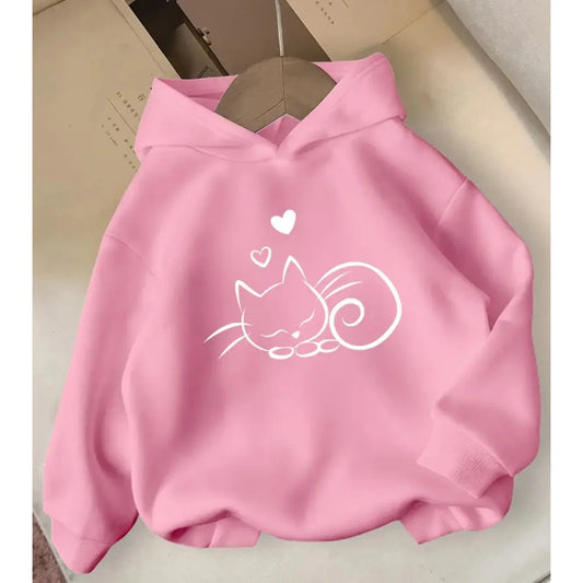 كنزة صوف بناتي وردي بقلنسوة على شكل قلب وطبع قطة بيضاء - alotasawkli