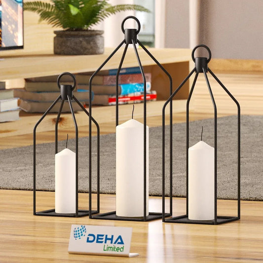 مجموعة قفص معدني من 3 قطع حامل شموع فانوس زخرفي من الحديد المطاوع - alotasawkli