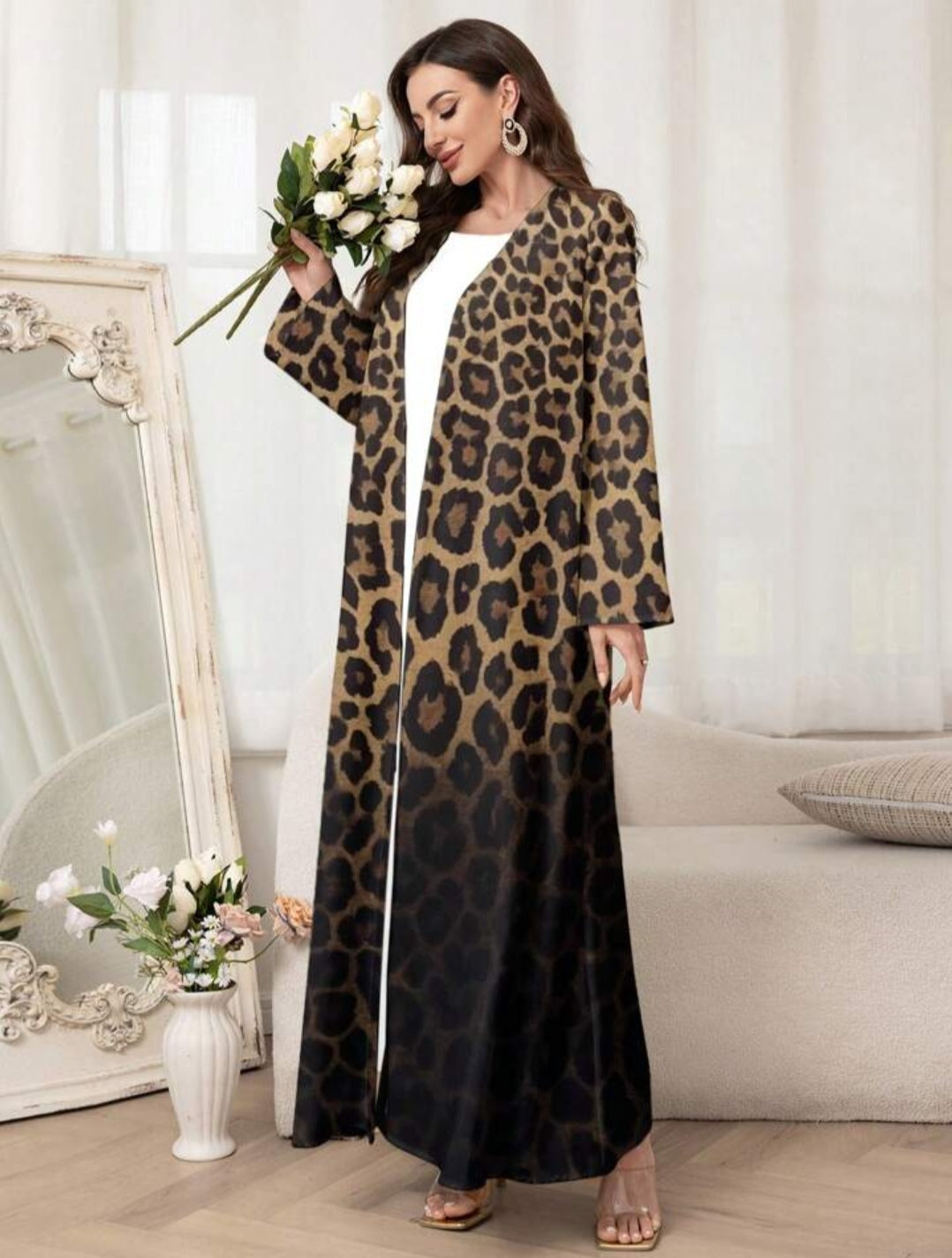 Al Najma Dames losse abaya met lange mouwen en ombre luipaardprint, bescheiden gewaad