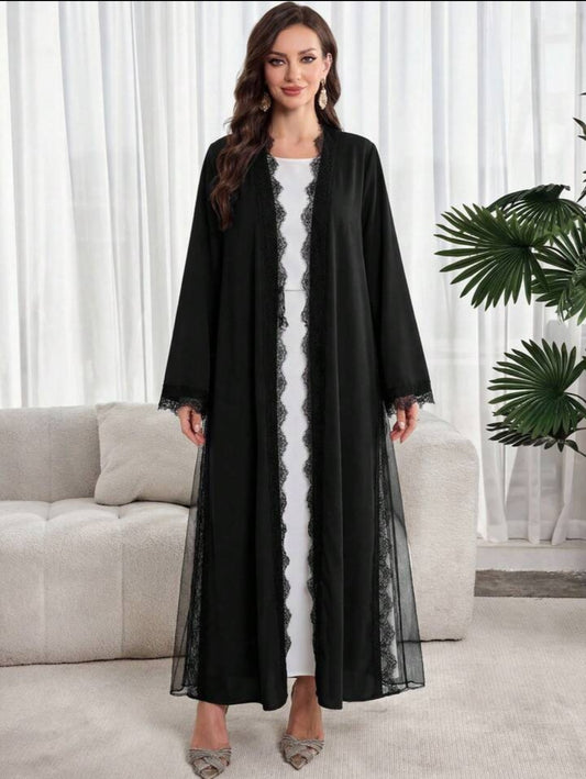 Al Najma Elegante abaya met lange mouwen voor dames, effen van kleur en met kanten patchwork