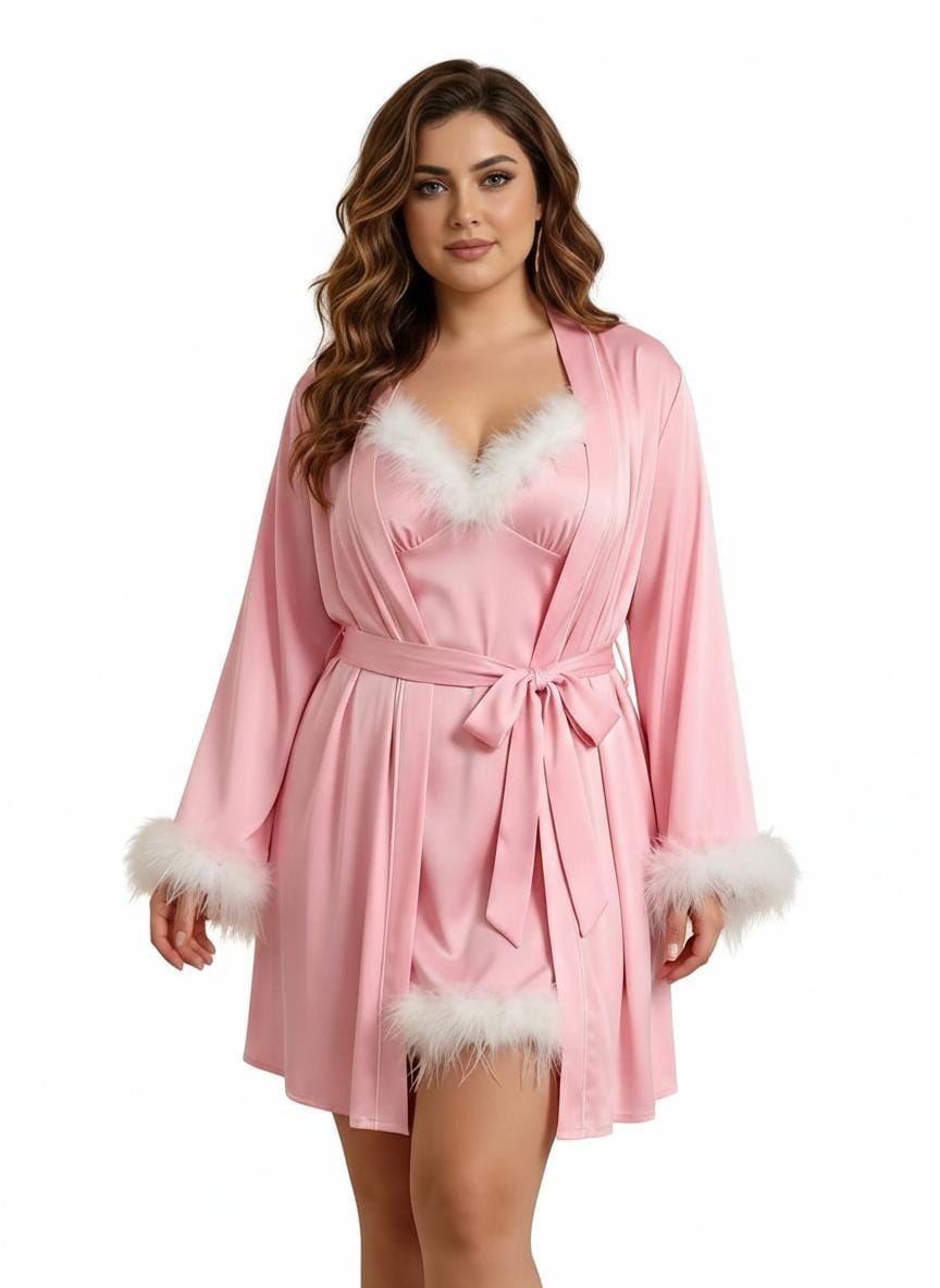 Hollywood Glamour Satin Robe Set – Pink with White Feather Trim
