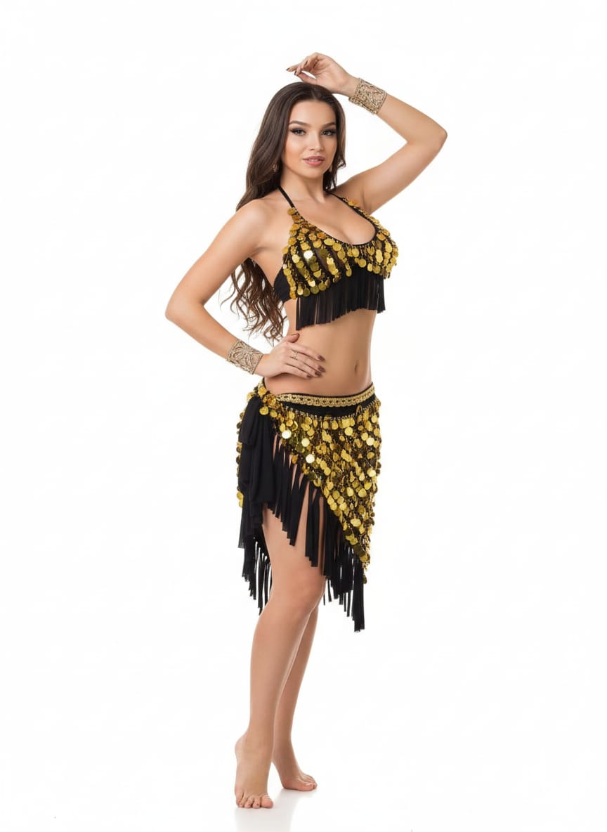Golden Goddess Belly Dance Costume – Sequin & Fringe Two-Piece Set