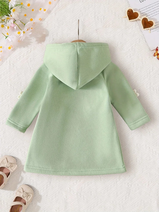 Thickened Winter Casual Dress for Baby Girls with 3D Floral Design, Long Sleeves, And a Hood, Perfect for Little Princesses. - alotasawkli