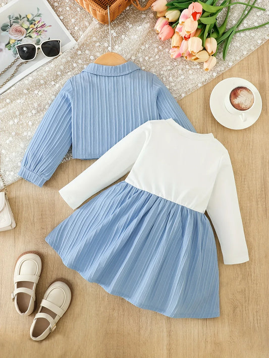 2pcs set: Girls' Letter Print Colour-blocked Round-neck Casual Dress with Solid-colour Pleated Lapel Jacket | Slight Stretch Fabric, Alphabets Pattern, Regular Fit, Suitable for Spring/Fall, for Outdoor - alotasawkli