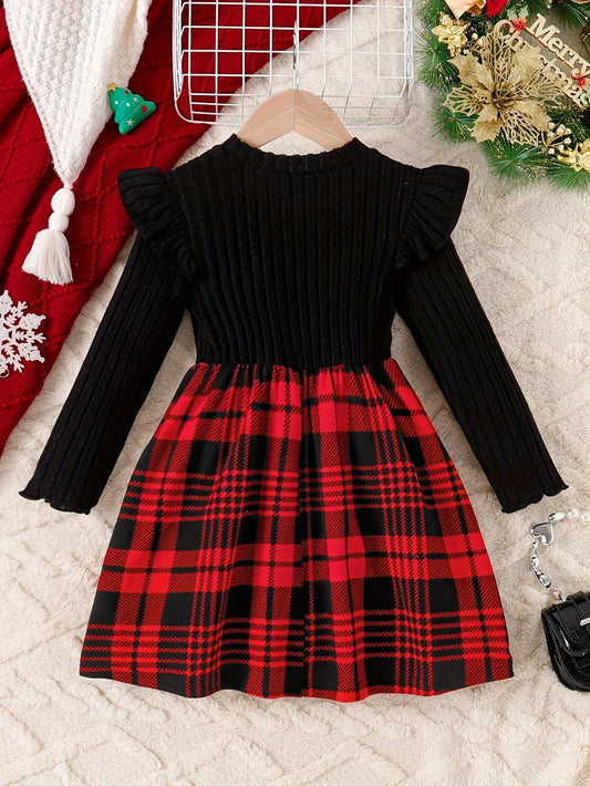 A Long-Sleeved Dress for Girls Featuring a Checkered Pattern And a Bow Decoration with Flutter Sleeves - alotasawkli