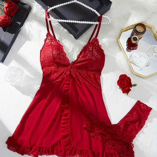 TEMU-Sexy Women'S Sleepwear Set | Solid Color with Contrast Lace Details, Lingerie Collection - alotasawkli