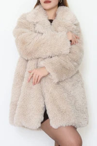 Women’s Long Lined Faux Fur Coat – Elegant Ecru