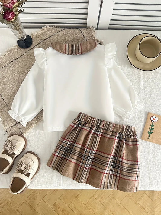 2pcs Autumn and Winter Butterfly Fly Sleeve Ruffle Sleeve Open Top+pleated Plaid Skirt Set, Fashionable and Simple, Suitable for Birthday Gifts, Daily Wear, Perfect for Outdoor - alotasawkli