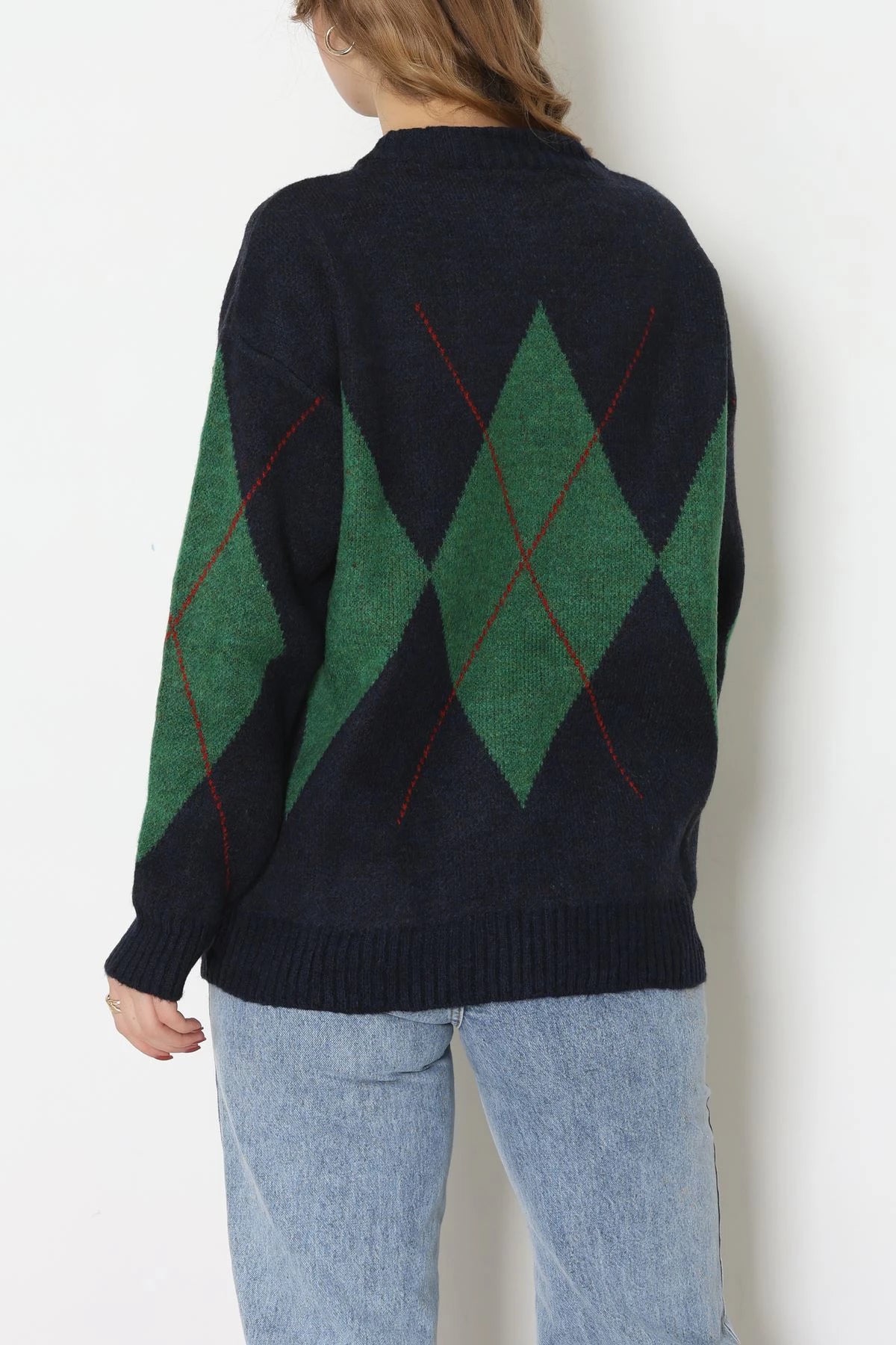 Women’s Argyle Knitwear Sweater – Navy Blue & Green