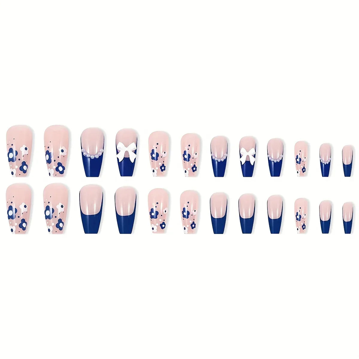 TEMU-24pcs Blue Floral Bowknot Press-On Nails - alotasawkli