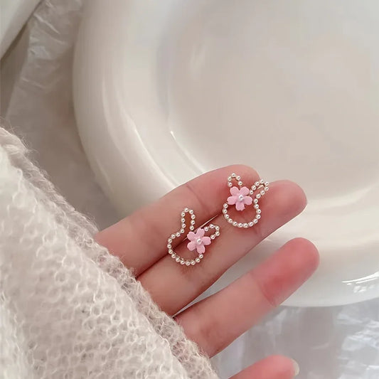 1 Pair Cute Bunny Ear Stud Earrings with Pink Flower & Imitation Pearl Accents - alotasawkli